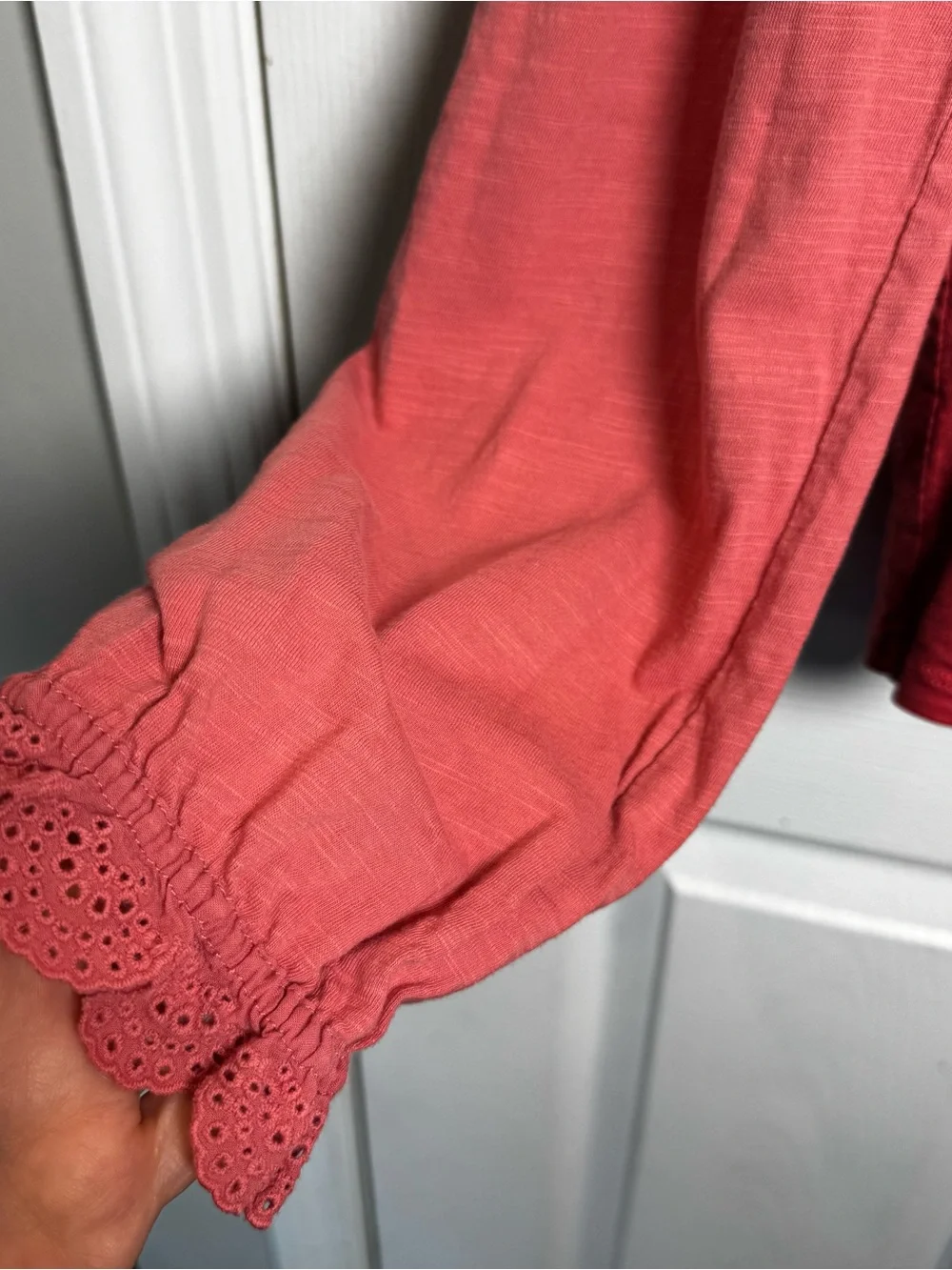 Boden Eyelet Ruffle Long Sleeve Top Salmon Boho Romantic Size 8 Prairie Fall